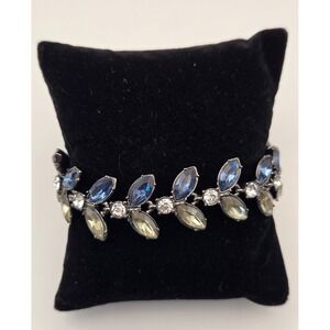 LOFT Gunmetal Crystal Leaf Bracelet Navy Smoky Rhinestone Dark Academia Romantic